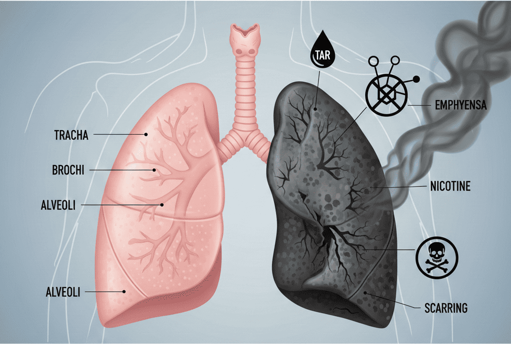 Healthy lungs vs smoker’s lungs illustration used by a Lung Cancer Doctor in Kolkata to explain smoking risks.